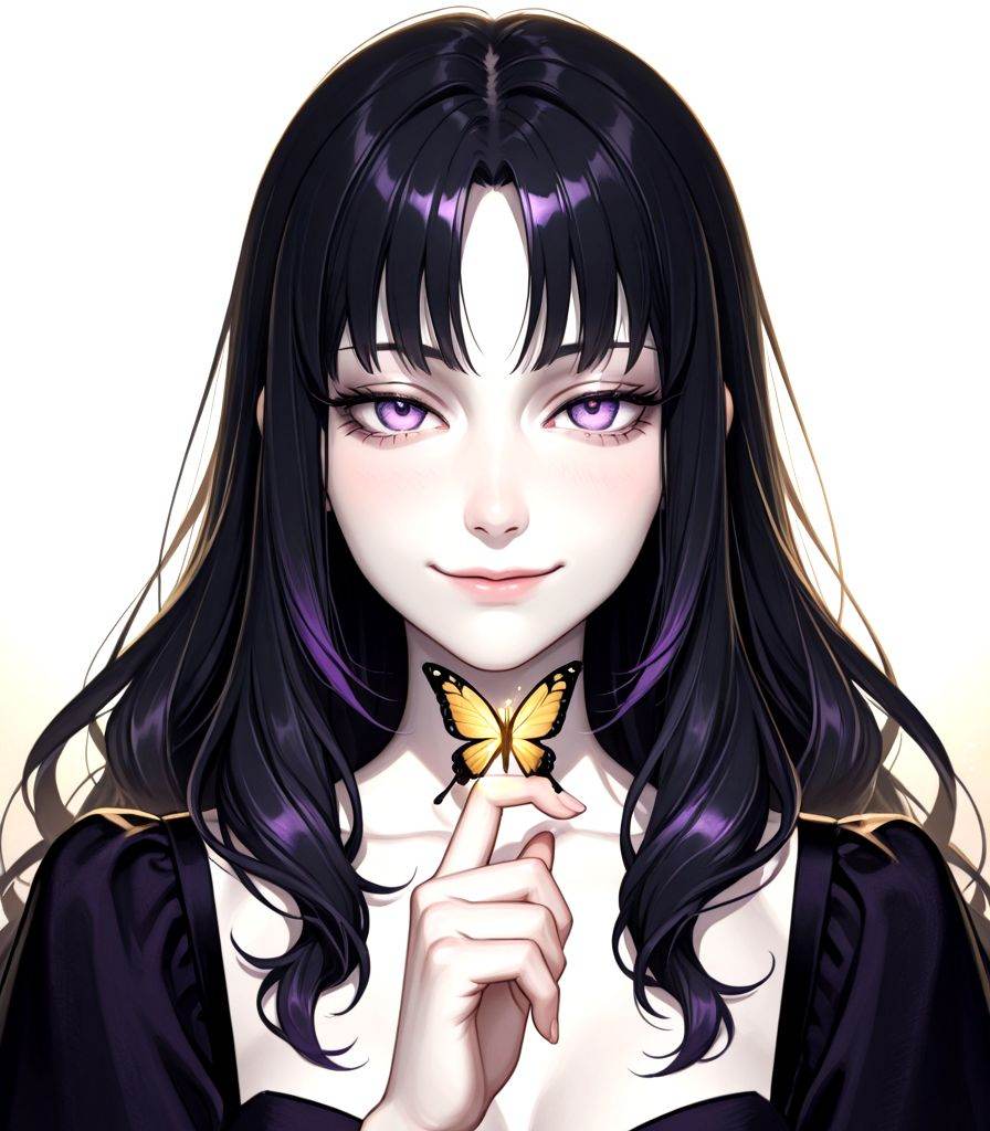 1girl,  elegant anime woman with long silky black hair and full bangs,  sharp and calm purple eyes on Tensor.Art