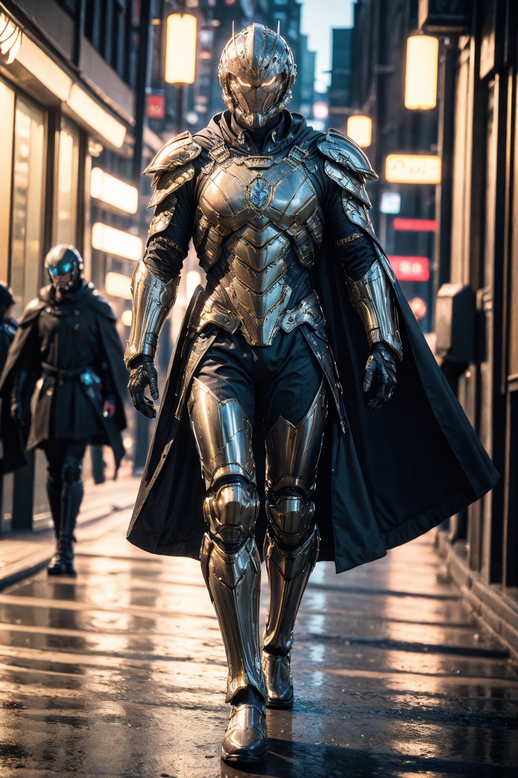 armor, helmet, standing, cape, full armor, full body, science fiction, blurry, boots, shoulder armor, blurry background, male focus, solo, night, 1boy, outdoors, armored boots, gauntlets, breastplate, street, lamppost, coat, walking, cyberpunk, pauldrons, solo focus, building, power armor, city, black armor, looking at viewer, black cape, black pants, arms at sides, black coat, lights, reflection