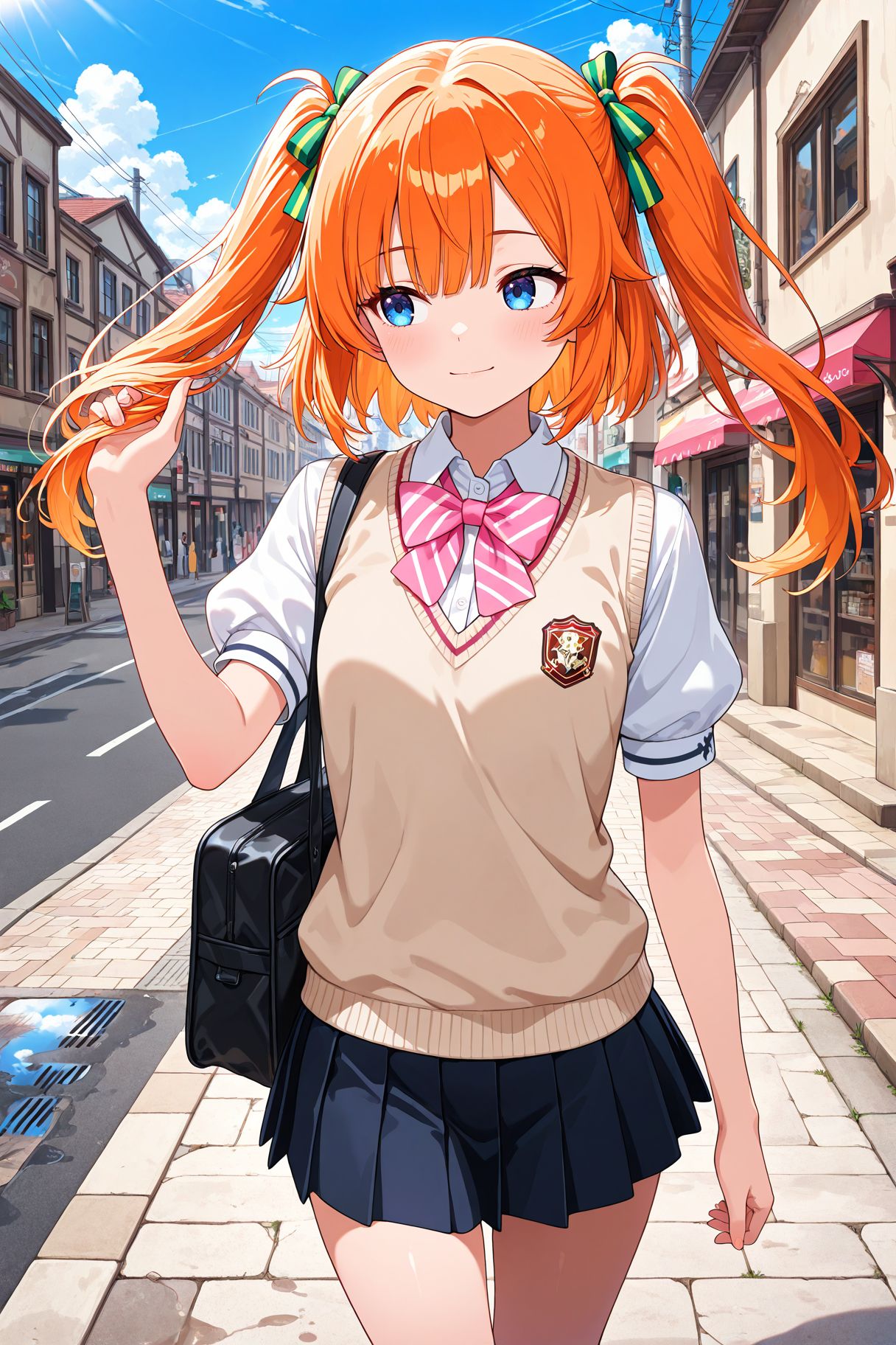 masterpiece,  best quality,  BREAKA girl is walking through the city. She has blue eyes and orange hair on Tensor.Art