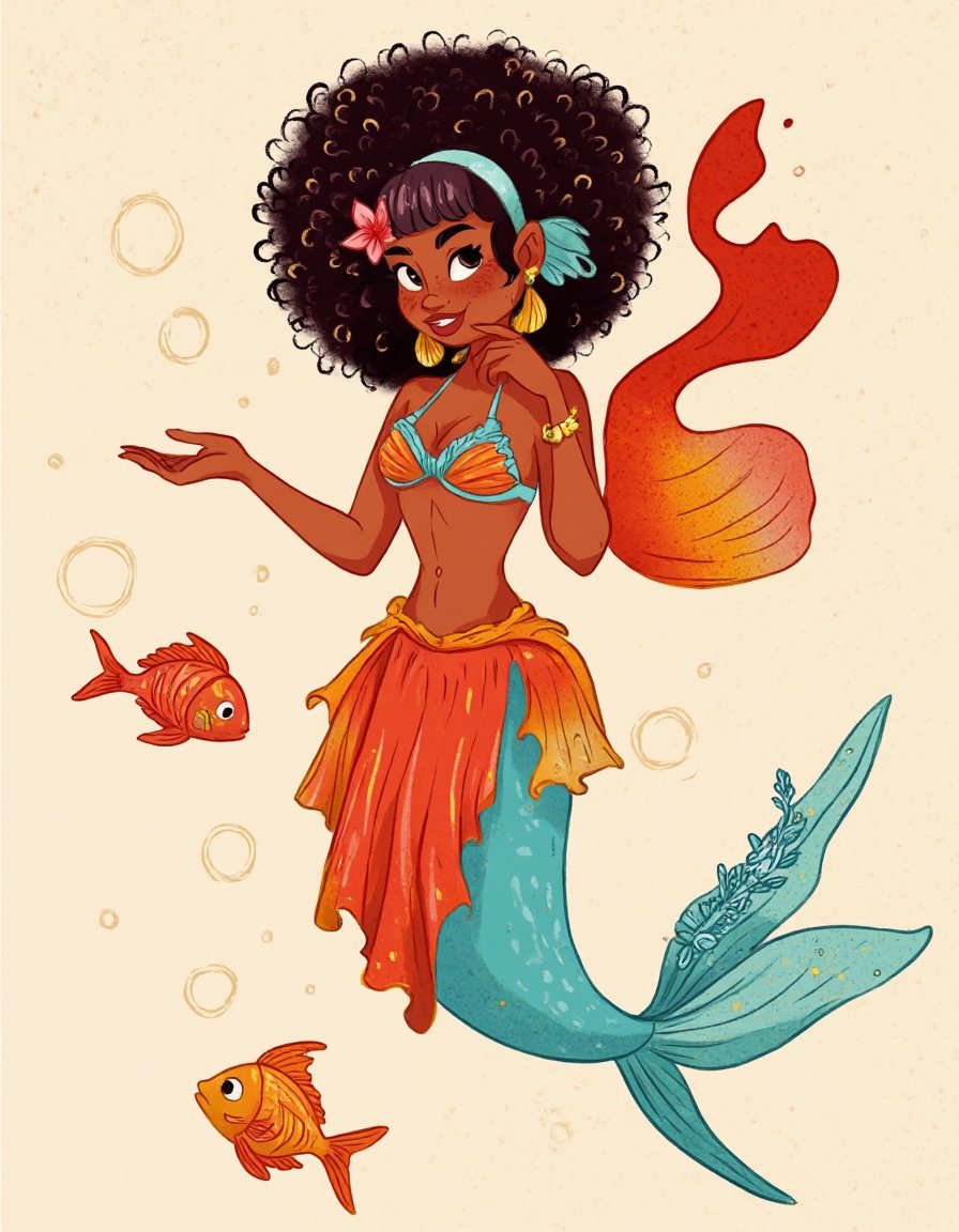 This is a high-quality digital illustration of a beautiful mermaid with dark brown skin,  curly black hair,  and a large o...