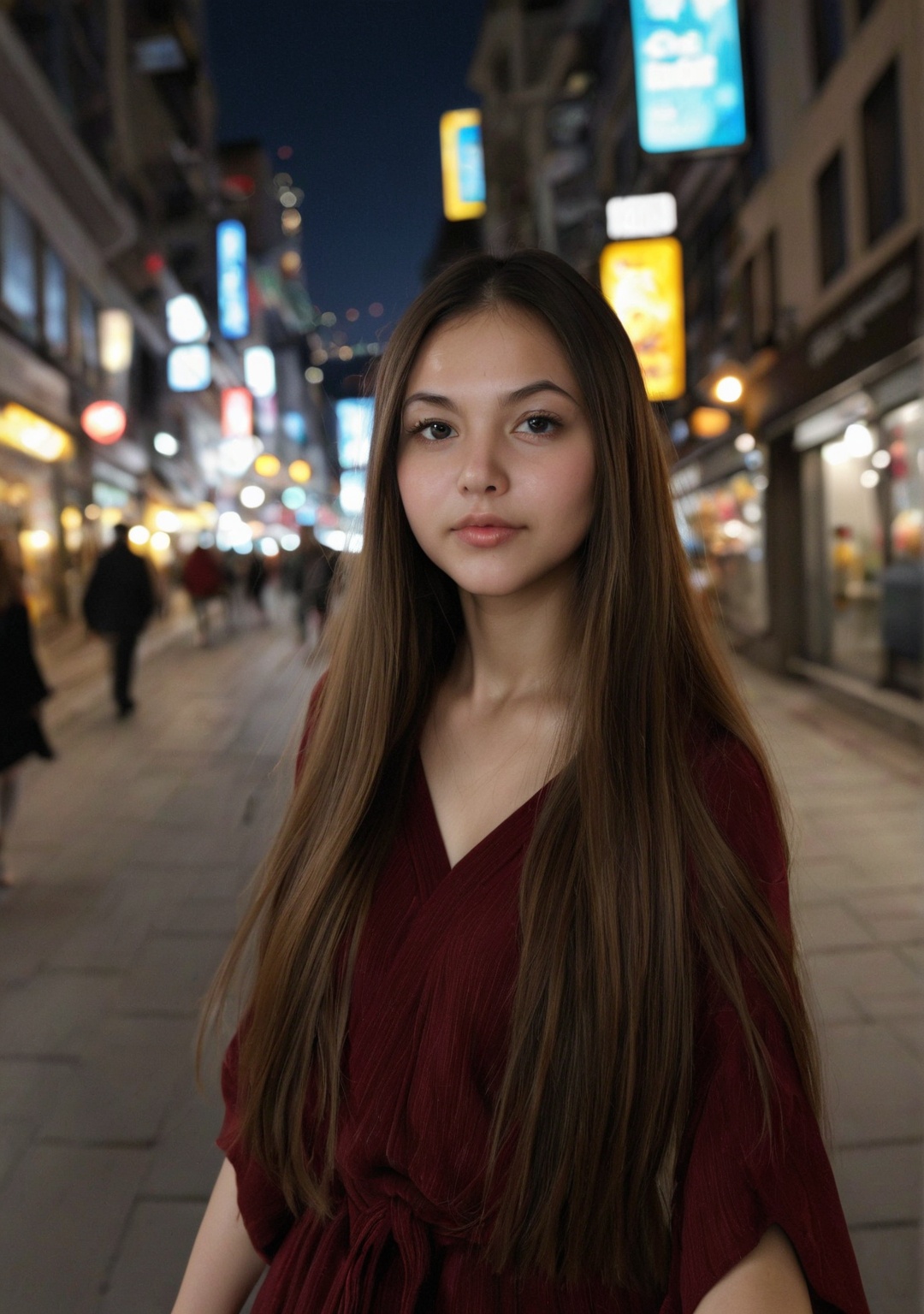 Portrait off shot of a super cute 20 year old model-like Japanese girl,  professional composition. She is walking sideways...