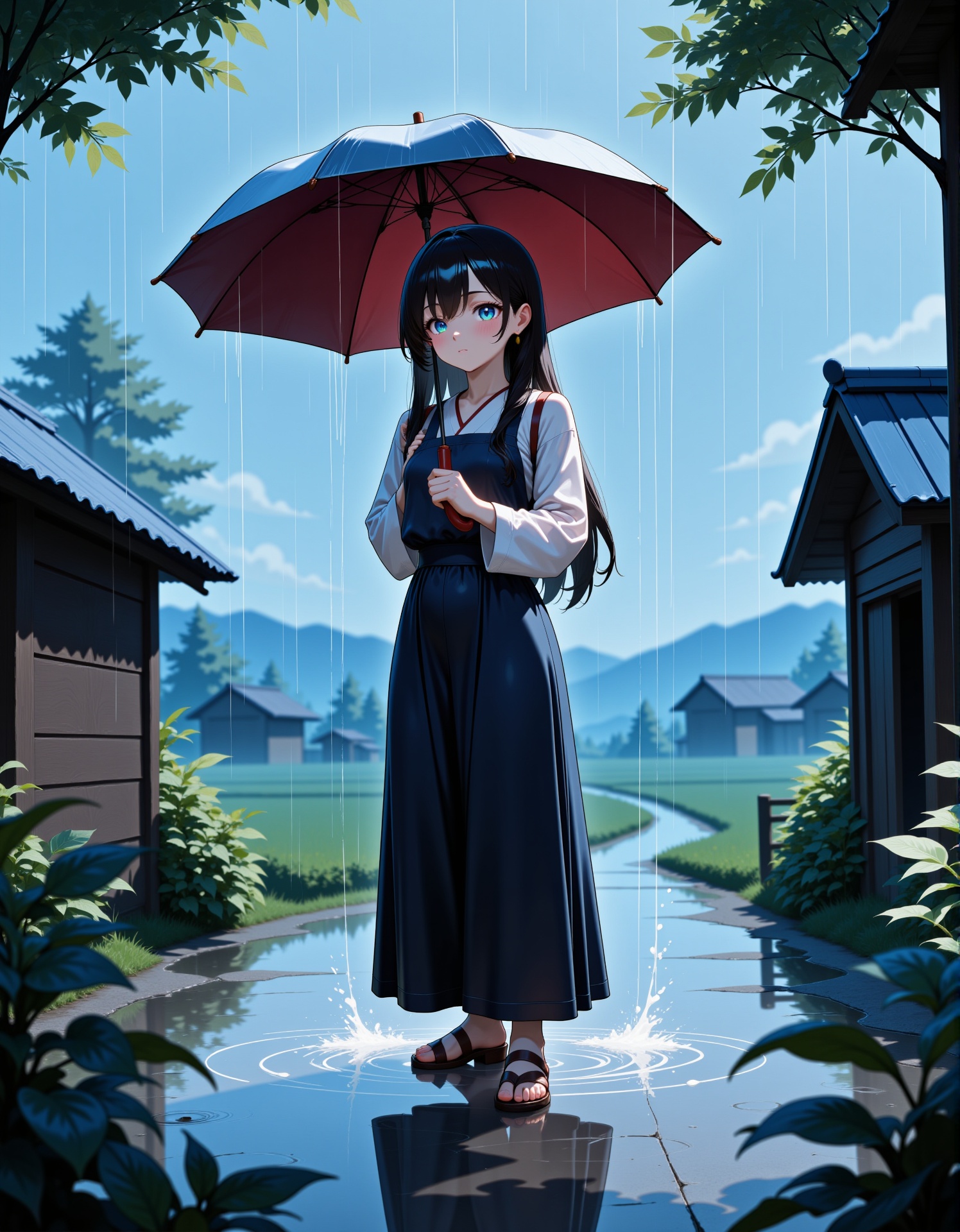 1girl with long black hair stands in the countryside,  holding an umbrella as heavy rain pours down around her. She is wea...