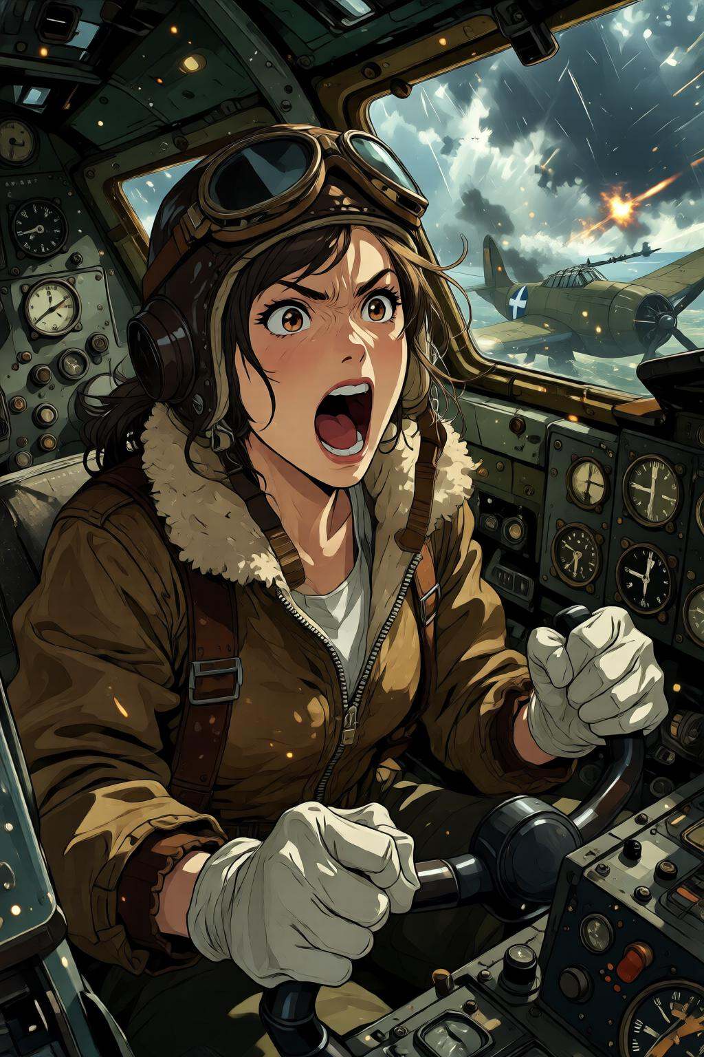 nijidigital3q anime illustration.A female pilot screaming inside the cockpit of a World War II bomber. The pilot,  wearing...