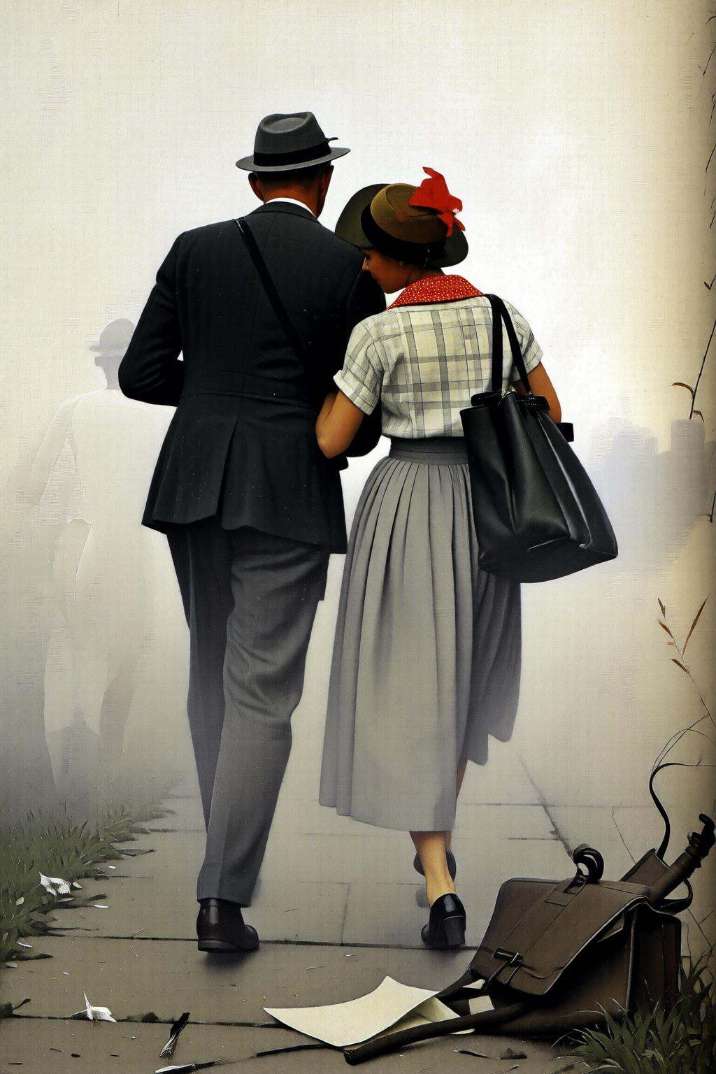 normanrockwell2q illustration. Begin with the two subjects walking slowly away from the camera,  their footsteps echoing s...