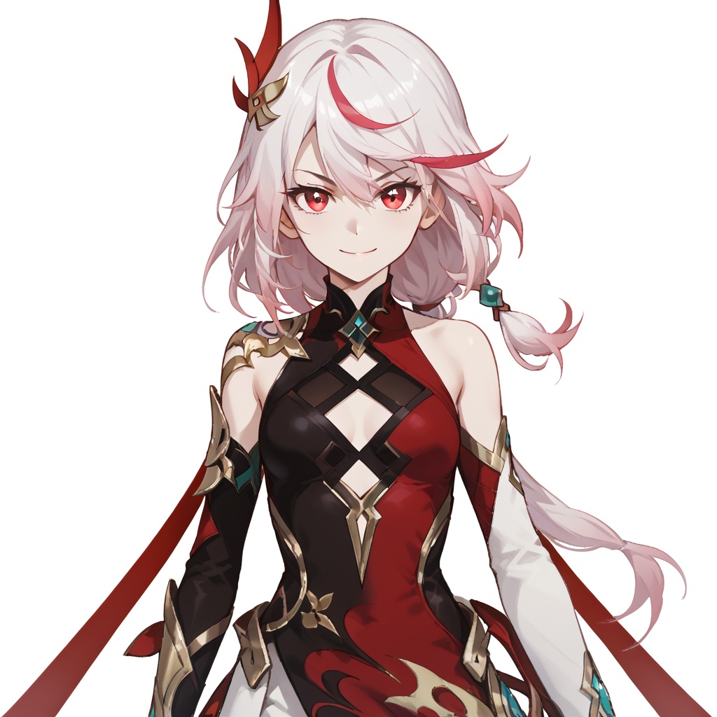 (white background:1.2),looking at viewer,(SOLO:1.4),outline,simple background,upper body, cowboy shot,looking at viewer,(((arms at side))),   fu hua, fu hua cgver, long hair, bangs, hair ornament, red eyes, hair between eyes, white hair, multicolored hair, streaked hair, smile, small breasts, red hair, pink hair,low-tied long hair,<lora:chiling-bkj2-pony:0.8>
