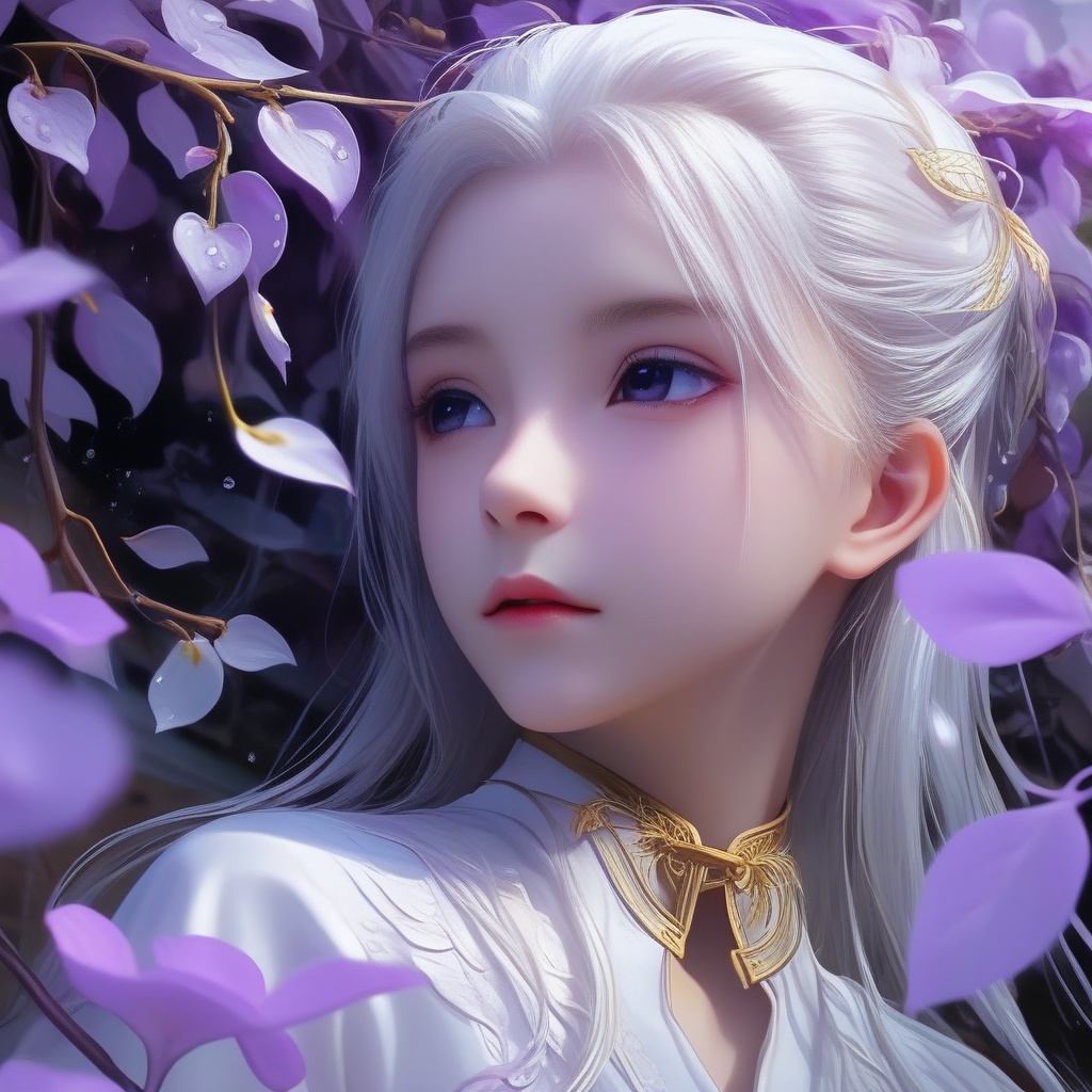 <lora:832-DA-XL-少年白马醉春风-晏琉璃-白衣:0.8>, (masterpiece),(best quality),illustration,ultra detailed,hdr,Depth of field,(colorful),loli,white background,Dundar effect,a lot of purple vines,vines covering half of the painting,delicate plant details,a girl,girl,petite girl,long white hair,golden pupils,white dress,bare feet,side,side,upper body,head up,sad eyes,rain,light,figure light,petals,purple filter,left,fog,dream,unreal,Blur,float light,