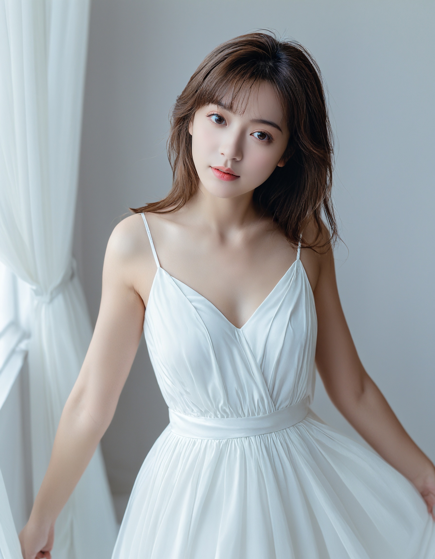 Best quality,  masterpieces,  raw photo of a ***** girl in white dress on Tensor.Art