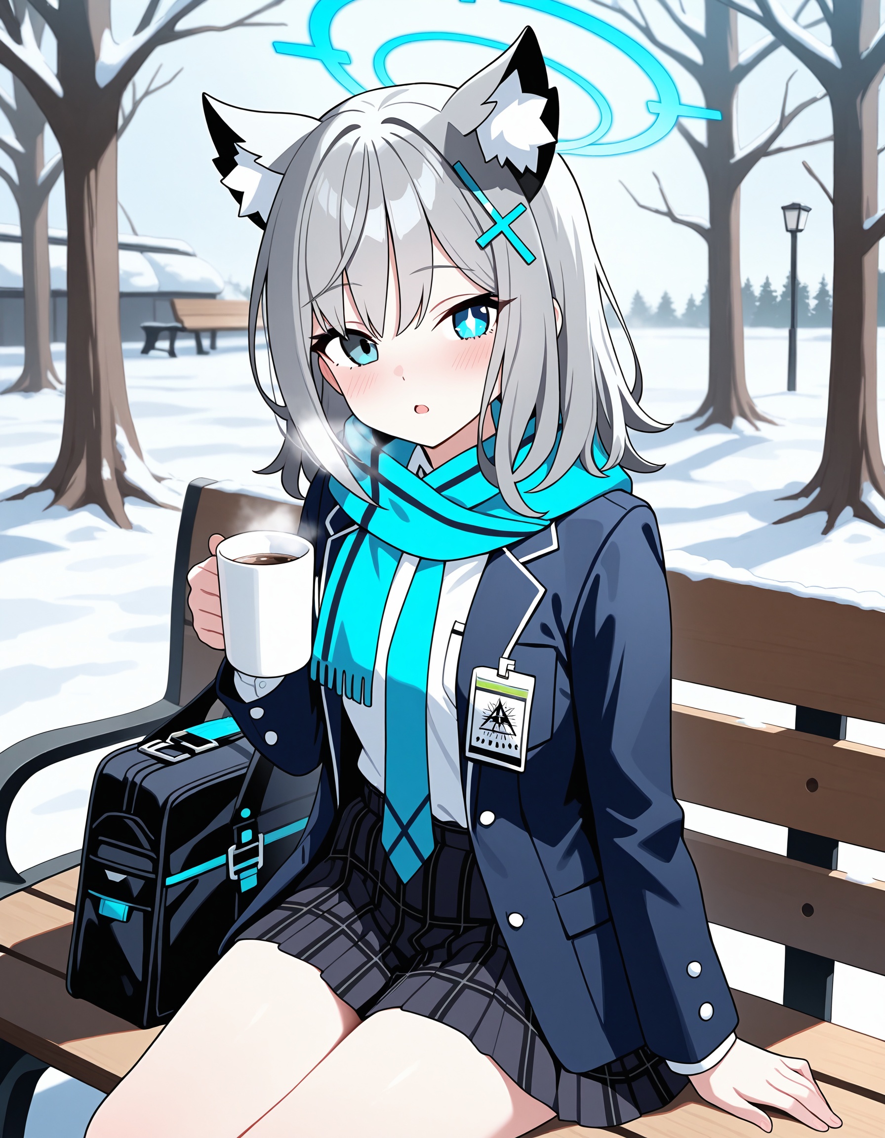 1girl,solo,shiroko \(blue archive\),halo,looking at viewer,cup,holding,sitting,tree,holding cup,outdoors,snow,bench,mismatched pupils,bare tree,blush,winter,school bag,open mouth,id card,
