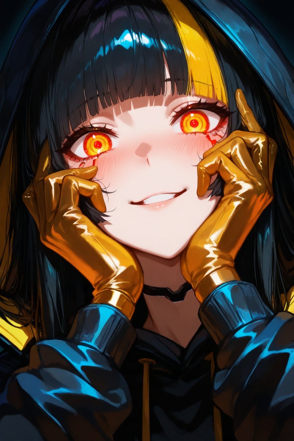very awa, 1girl, solo, looking at viewer, close-up, black hair, long hair, hime_cut, (yellow bangs), multicolored bangs, golden eyes, glowing eyes, intricate eyes, ultra-detailed eyes, unique eyes, hands on face, yandere, smile, blush, dark background, cyberpunk, neon armor, black suit cyberpunk, light trail, eye trail, black golden gloves, black hoodie, hood up, chiaroscuro, intense shadow, lighting from below, masterpiece, best quality, absurdres, amazing quality, very aesthetic, newest
