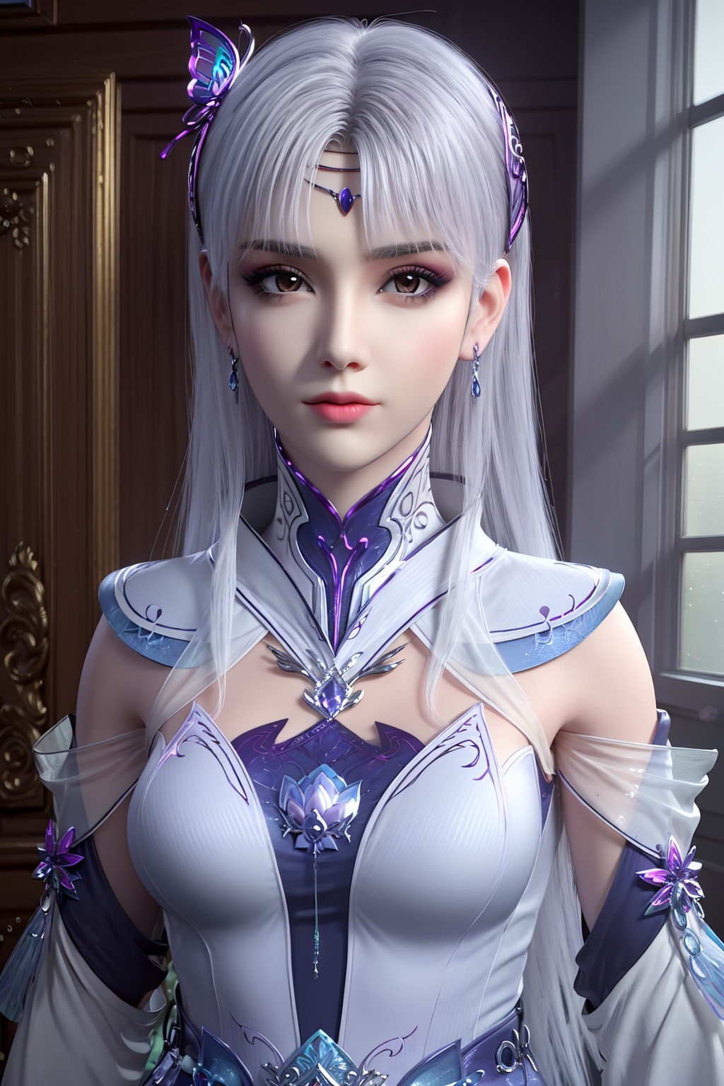 3D,masterpiece,(best quality),(makeup),official art, extremely detailed cg 8k wallpaper,((crystalstexture skin)), (extremely delicate and beautiful),(highly detailed),(face),(collar),(butterfly_hair_clip)(1girl), (solo), (jewelry), (earrings),(white_hair),(long_hair),(hair_ornament),(handwear),(breasts),(portrait),(dress),(shiny_clothes),(city,indoor),,((looking_at_viewer)),((Facing the camera)),, <lora:hipoly3DModelLora_v10:0.3>