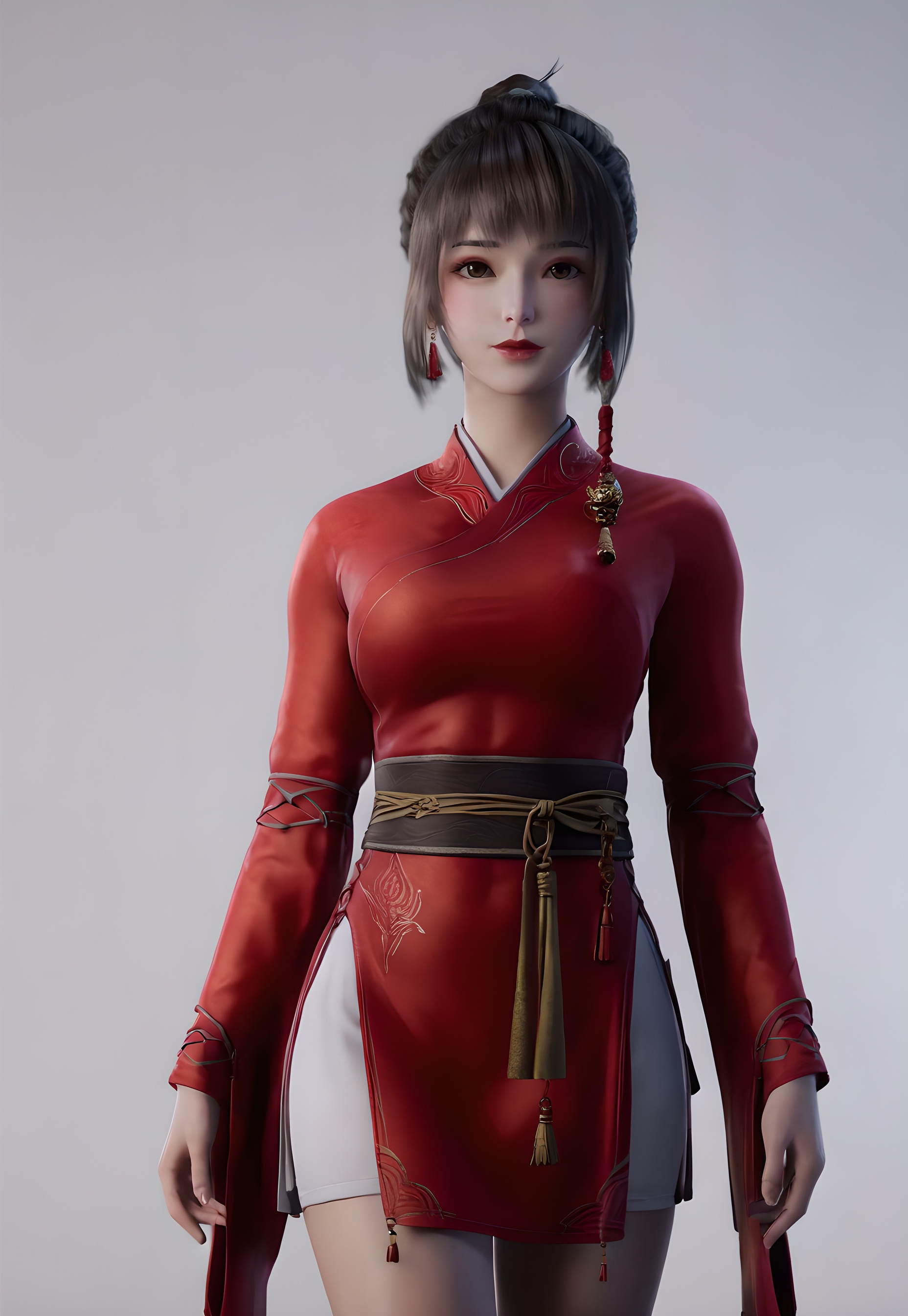score_9,score_8_up,score_7_up,<lora:SF_FangXiaoLin_Pony-000002:0.7>,1girl,solo,standing,red chinese clothes,short  skirt,long sleeves,breasts,large breasts,red lips,jewelry,hair ornament,earring,looking at viewer,white background,