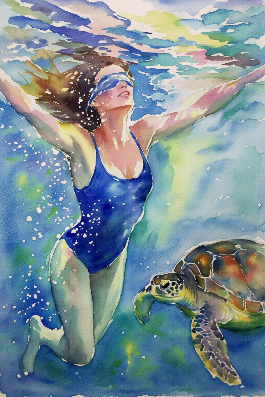 watercolorbasic2q watercolor painting.A woman swimming underwater. The woman is wearing a blue one piece swimsuit,  and sh...