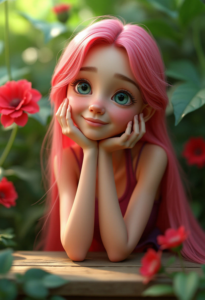 young girl with long vibrant pink hair is depicted in a stylized,  semi-realistic 3D art style. She has large,  expressive...