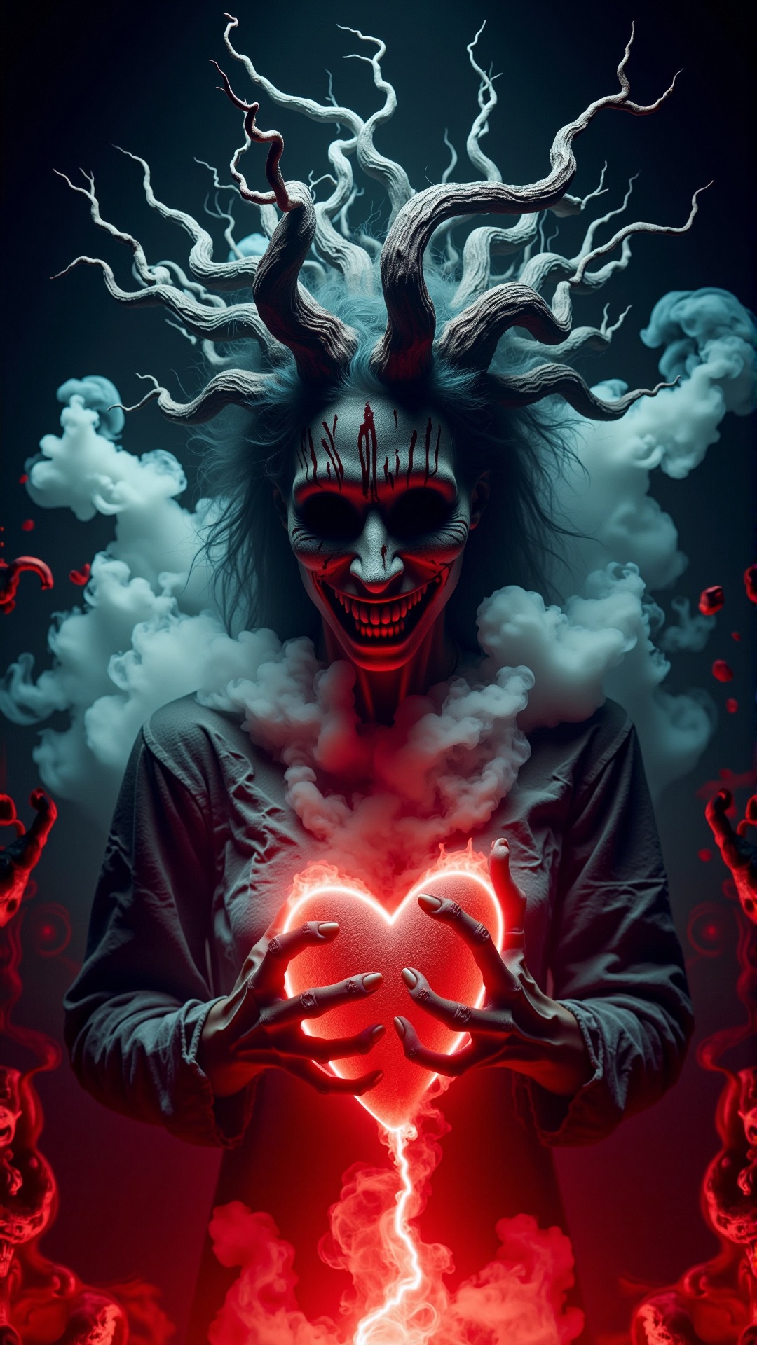 A stunning horror a professional photography,  realistic photo of a dark cursed hatred moody heart ,  gas spirit rising up...