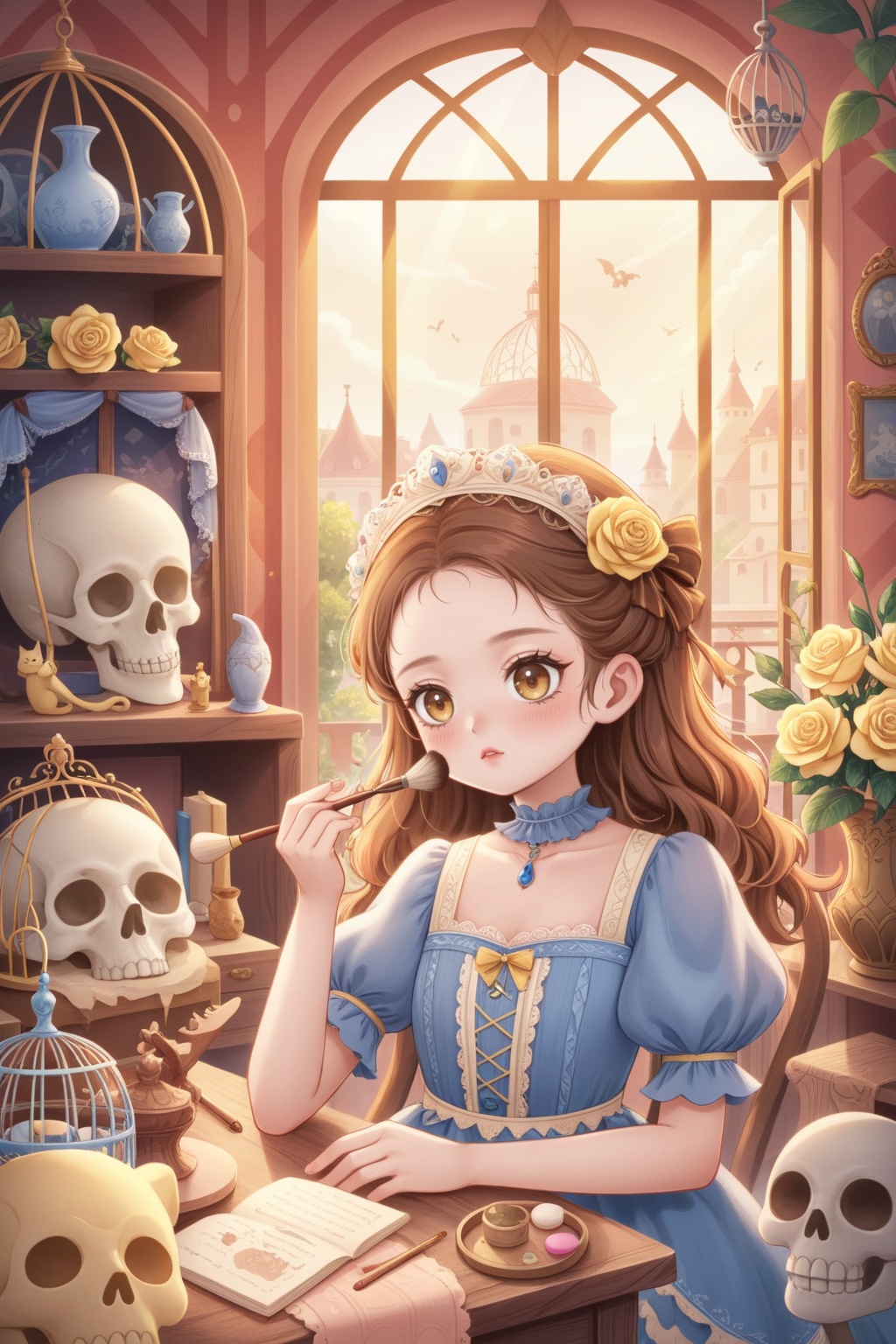 The image is an illustration of a young girl sitting at a table in a room with a window in the background. She is wearing a blue dress with a yellow bow on her head and has long brown hair. The girl is holding a brush in her right hand and appears to be applying makeup to her face. On the table in front of her,there is a vase of yellow roses,a skull,and other decorative items. The room is decorated with various items such as masks,a cat,and a birdcage. The overall style of the illustration is whimsical and dreamlike.,