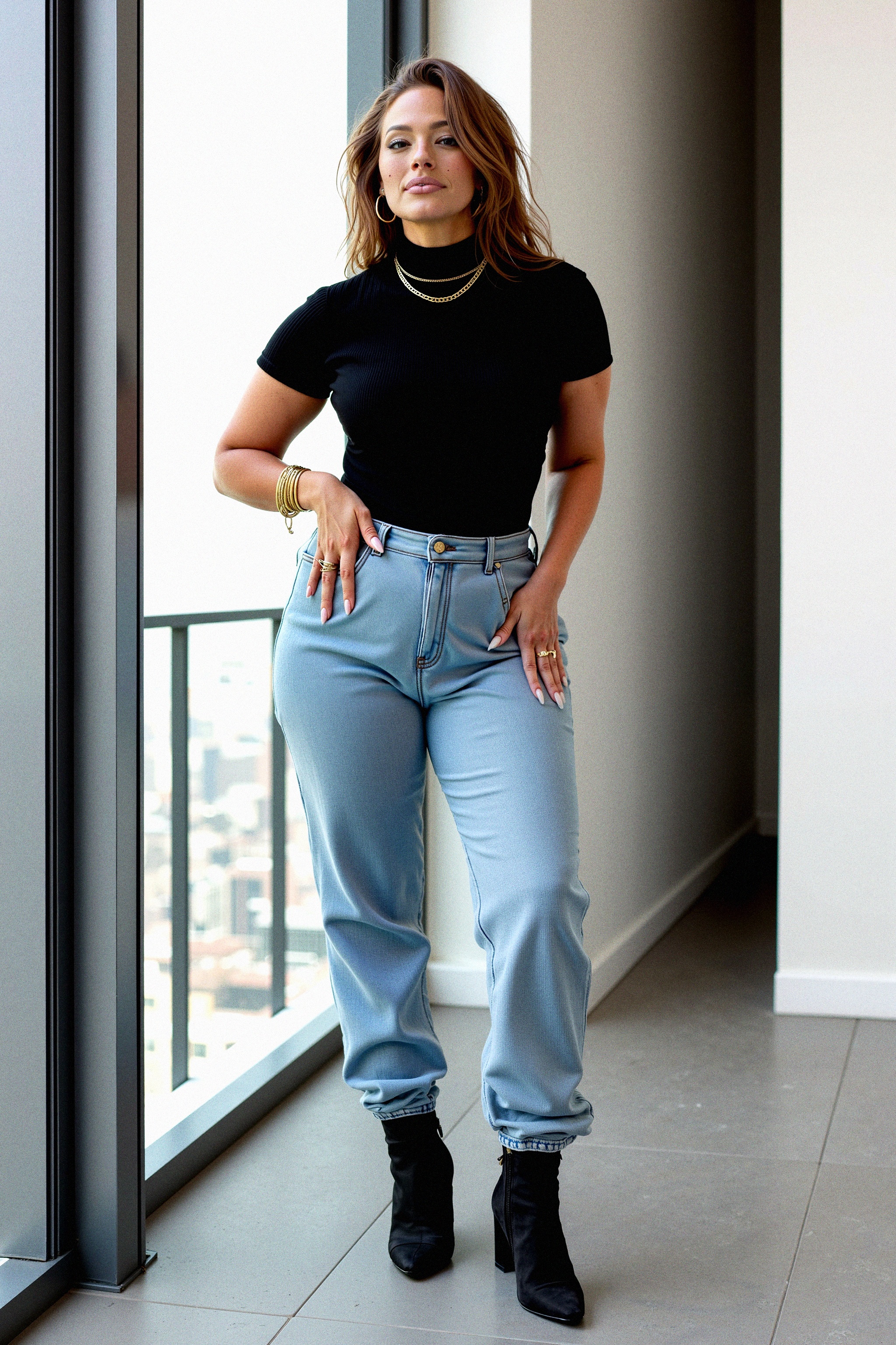 A woman stands in front of a sleek,  floor-to-ceiling window in a modern,  minimalist loft on Tensor.Art
