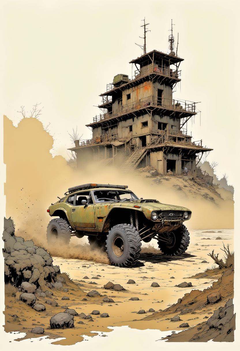 Digitally illustrated drawing in a gritty,  post-apocalyptic style. A rugged,  off-road vehicle on Tensor.Art
