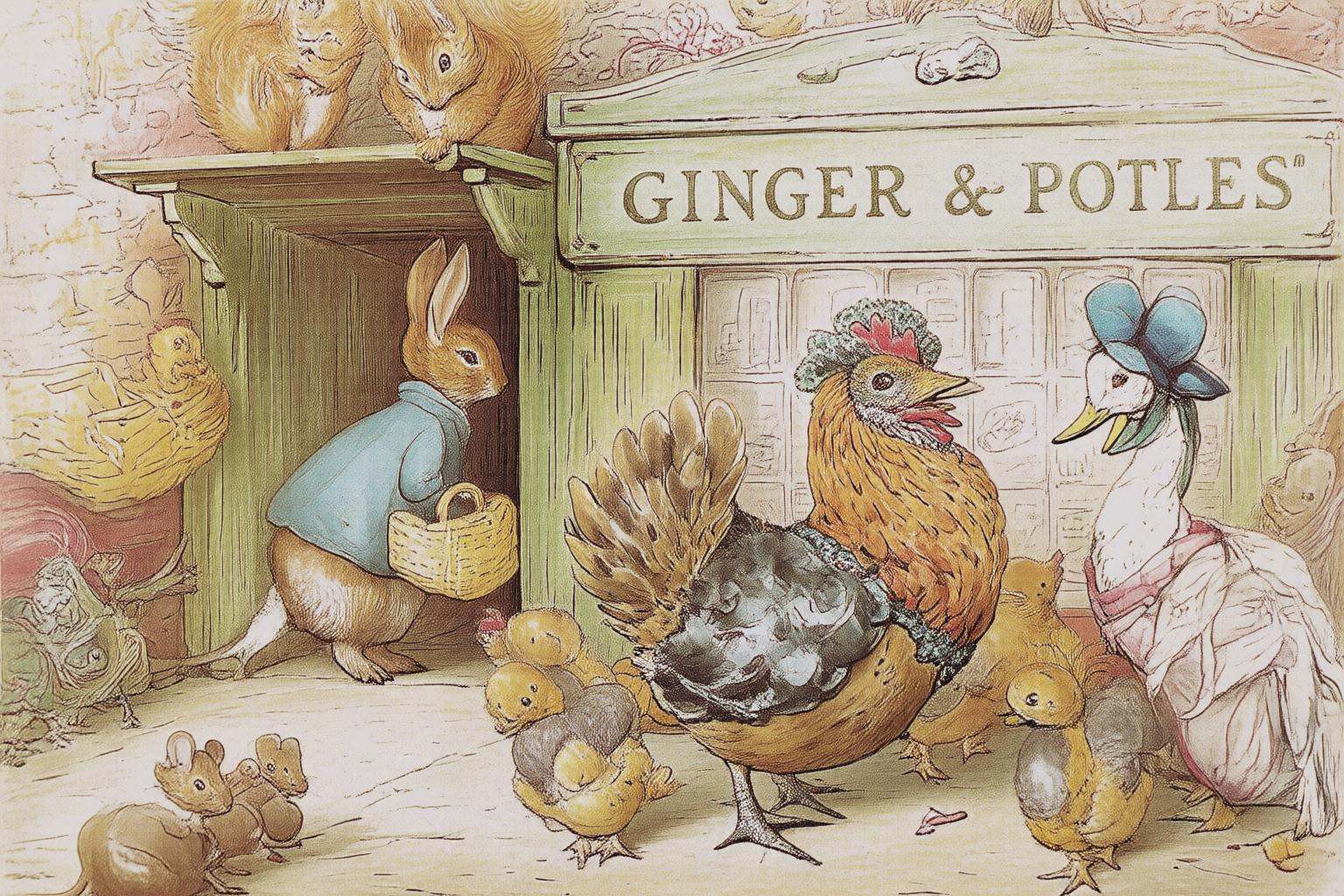beatrixpotter2q illustration.A variety of anthropomorphic animals and objects at a shop with the sign "Ginger & Pickles."...