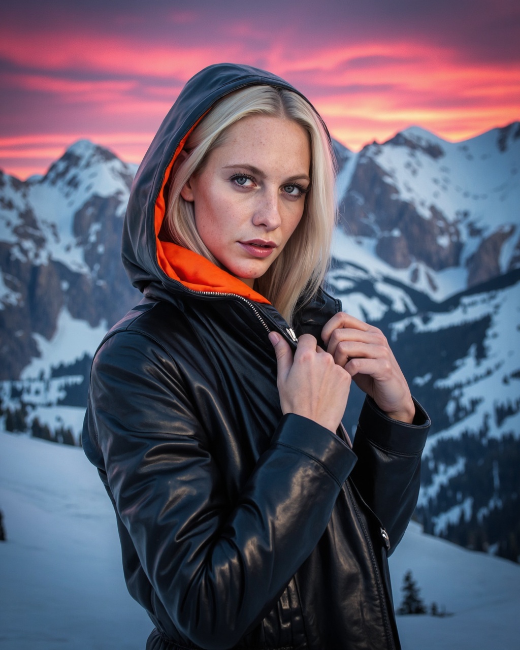 A hyperrealistic digital painting of poppy_delevingne with light skin and straight,  platinum blonde hair. She stands agai...