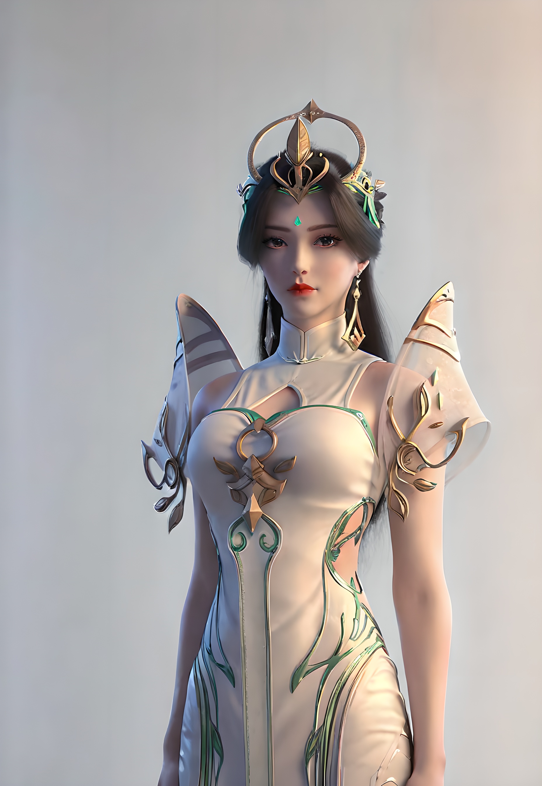 score_9,score_8_up,score_7_up,<lora:SF_LiuShen_Pony-000004:0.7>,1girl,solo,standing,dress,breasts,red lips,jewelry,hair ornament,earring,looking at viewer,white background,
