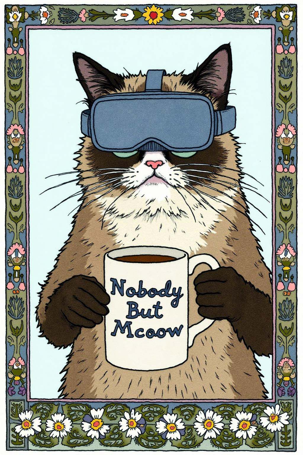 ivanbilibin1 illustration. Decorative borders frame the scene.Grumpy Cat holding a coffee mug,  wearing a VR Headset. The...