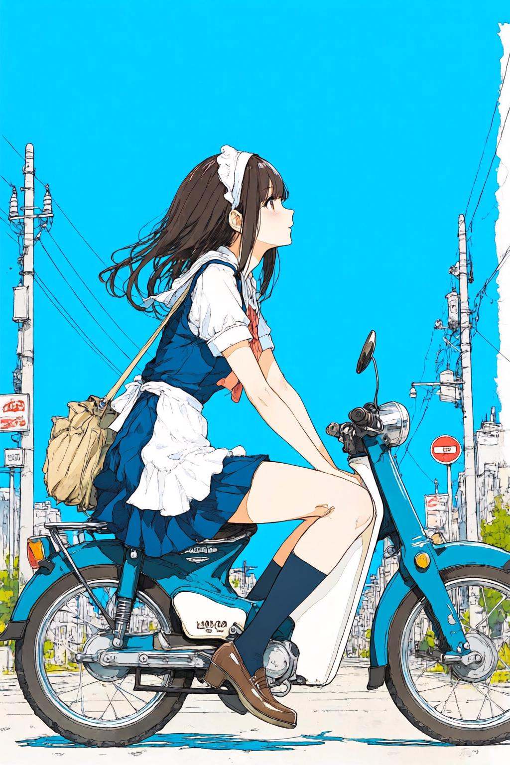 nijiwatercolor1q anime illustration. A young woman,  shown in side profile,  is riding a blue moped on a bright on Tensor.Art