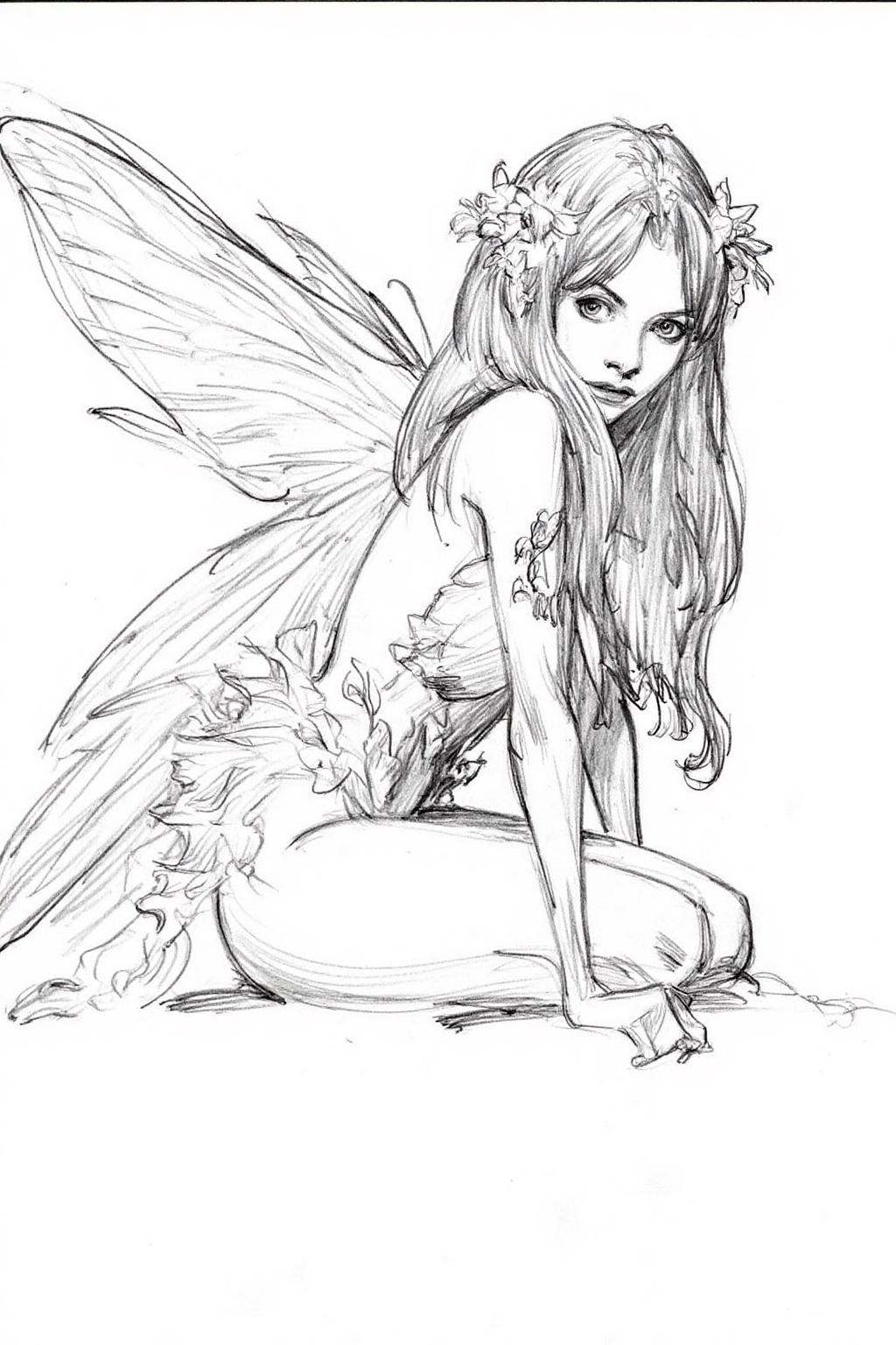 Pencil sketch.A fairy,  shown in side profile,  sitting on the ground. She has long on Tensor.Art