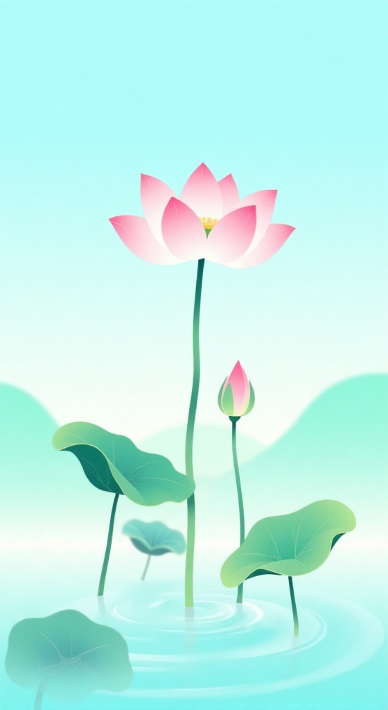 a tall vertical flat gradient illustration featuring a large blooming lotus flower at the center,  surrounded by floating...