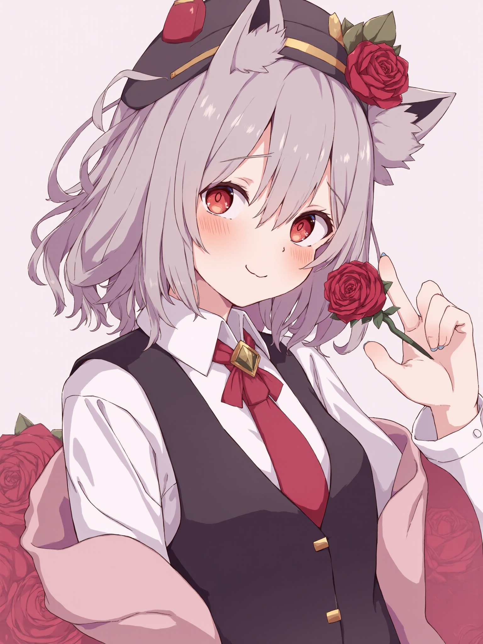 1girl,flower, red flower, hand up, wolf ears, breasts, wing collar, hat, animal ears, tokin hat, vest, animal ear fluff, shirt, brooch, grey hair, closed mouth, smile, long sleeves, grey background, red rose, red necktie, rose, white shirt, red eyes, medium breasts, collared shirt, blush, hair between eyes, looking at viewer, simple background, jewelry, black vest, black headwear, necktie, upper body, medium hair, solo,masterpiece, newest, absurdres, safe<lora:小恶魔狂想曲:1>​​​