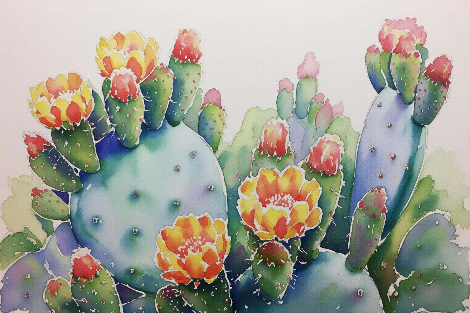 watercolorbasic2q watercolor painting.Blooming cacti on Tensor.Art