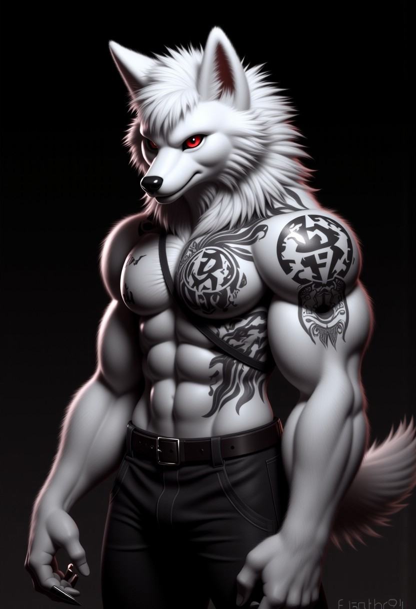 solo, furry anthro white wolf male, Yakuza style, detailed fur texture, (realistic face and red eyes), intricate tattoos, (yakuza symbol:1.4), (sharp claws), piercing gaze, dark background, masterpiece, (by F-R95, by Hioshiru, by einshelm), 