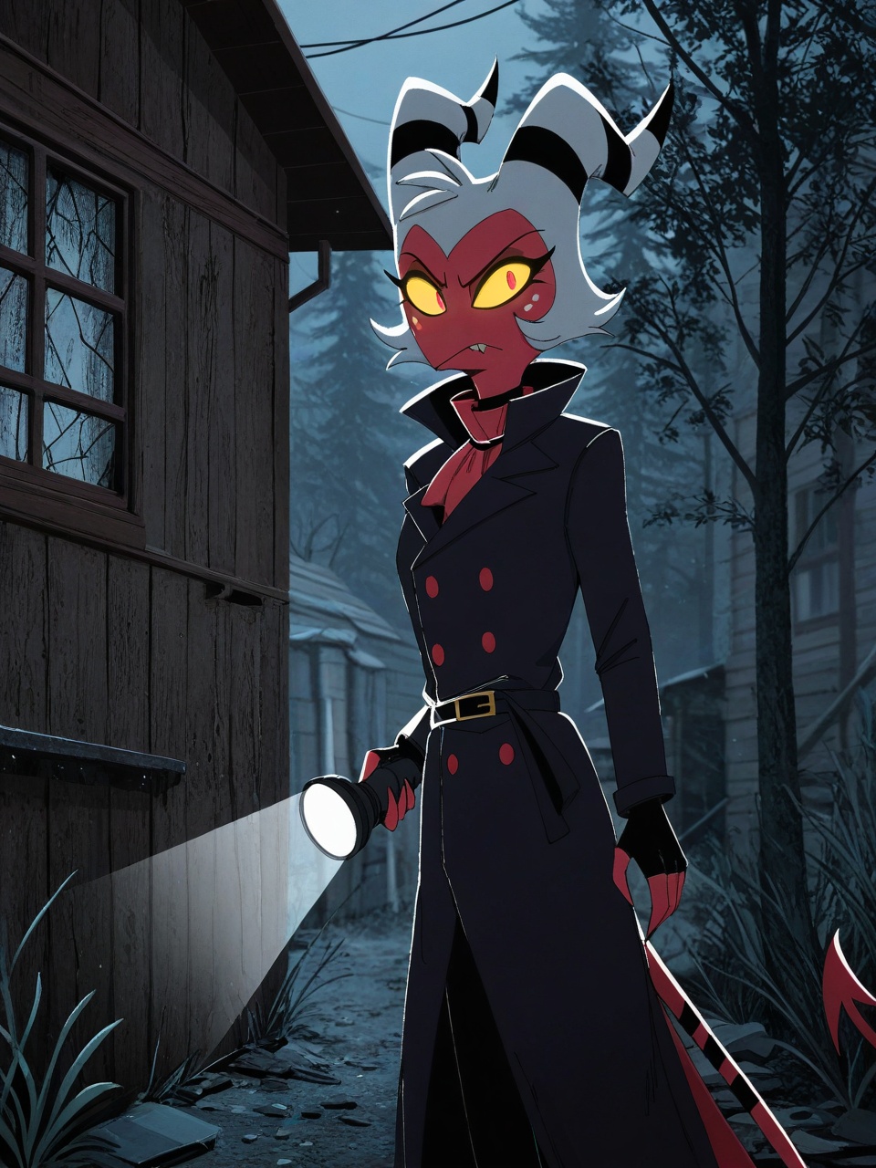 solo moxxie \(helluva boss\),  trench coat,  holding flashlight on Tensor.Art