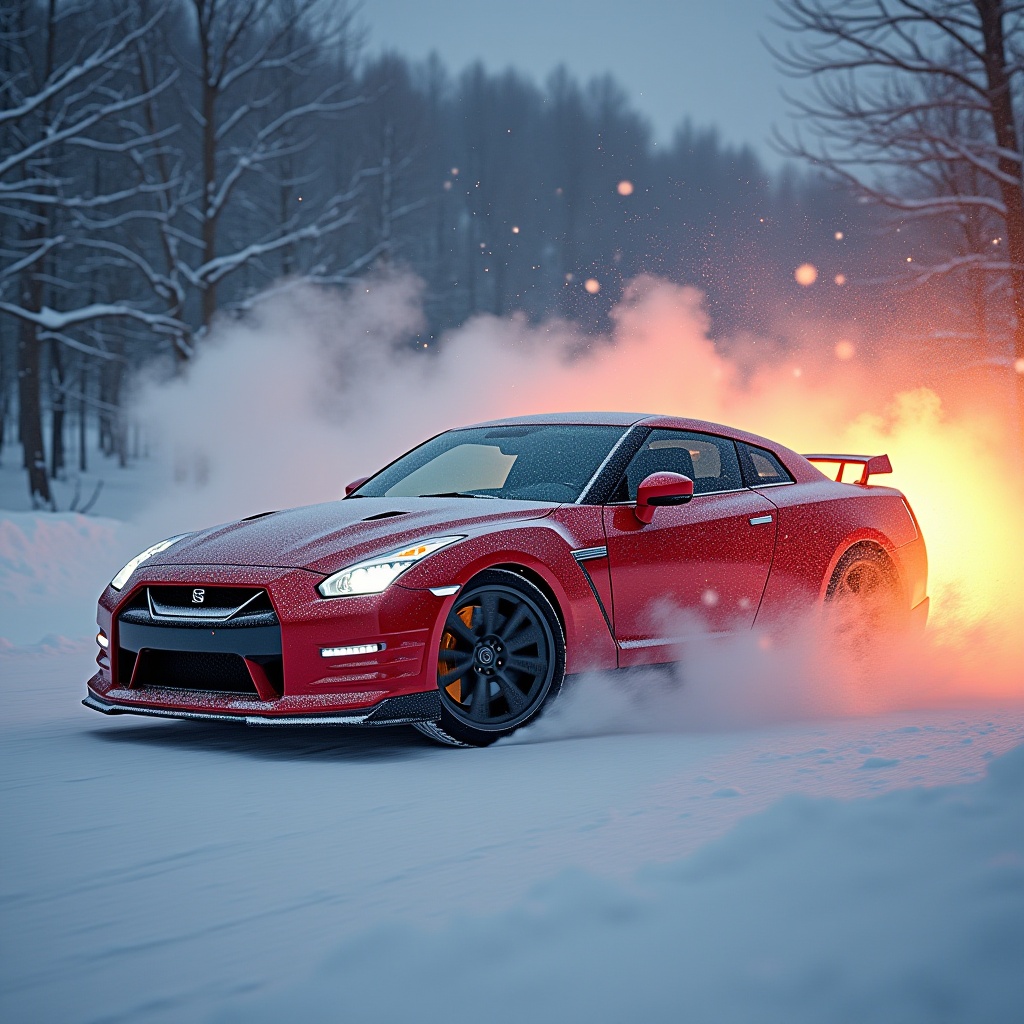 0utRun_style_Nissan_GT-R,  Snowflake is accelerating and emitting fire at high heat.,  High Speed on Tensor.Art