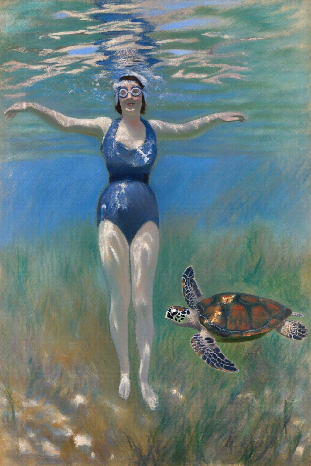 claudemonet2q painting.A woman swimming underwater. The woman is wearing a blue one piece swimsuit,  and she is wearing go...