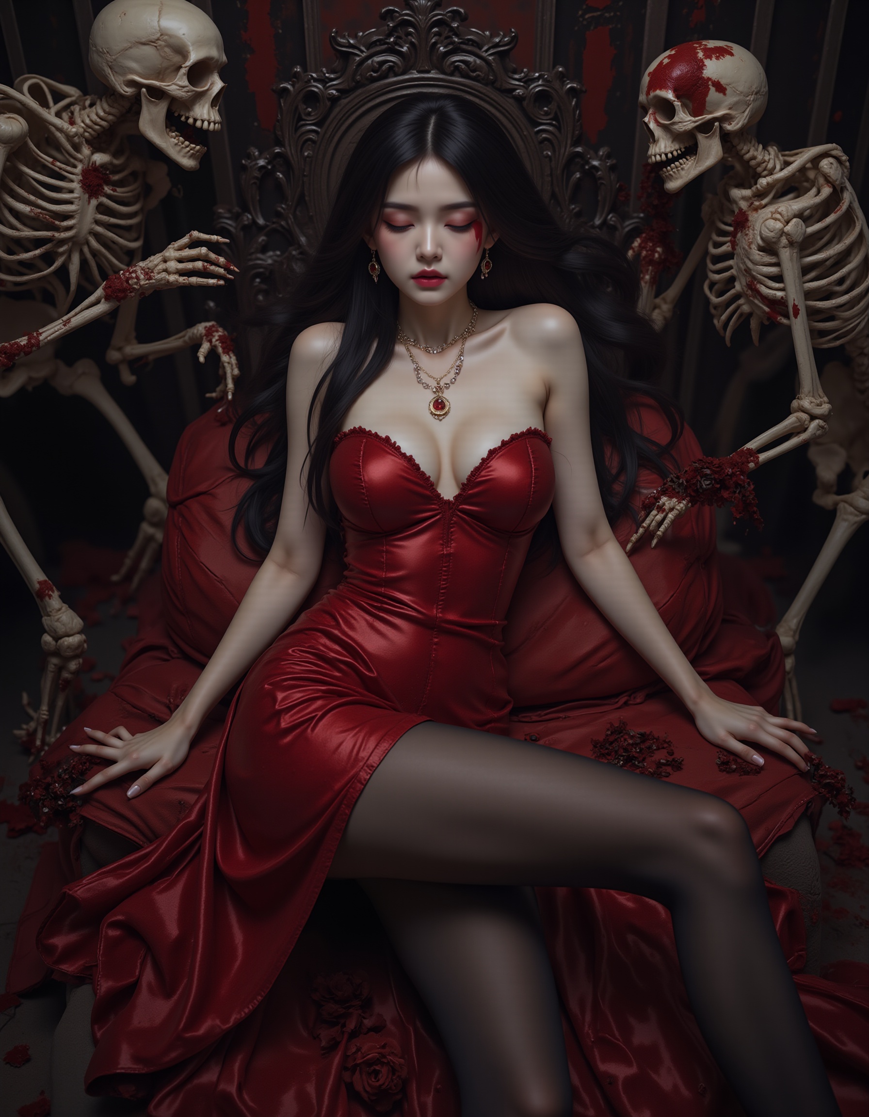 Masterpiece, best quality, amazing details, realistic photos, 1girl, long hair, eyes closed, high details fair skin, big breasts, jewelry, earrings, long red dress, (shiny pantyhose ), long legs, high heels, full body, (lying on a bloody altar), surrounded by skeleton monsters, horror atmosphere,