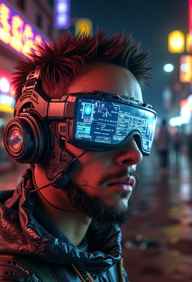A realistic close-up of a mysterious hacker with holographic glasses}. The setting is outdoors in a futuristic marketplace...