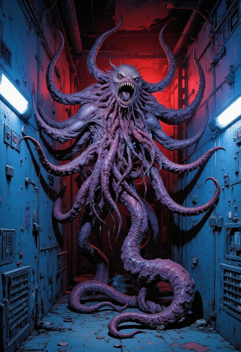 Comic book style A monstrous entity grotesquely melded to the wall in a narrow maintenance shaft,  with multiple twisted t...