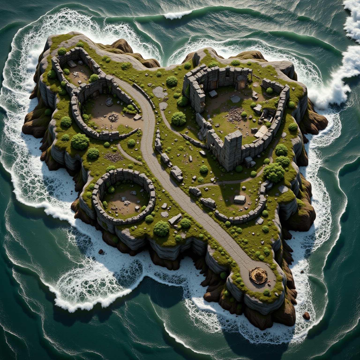 A top-down view of a crumbling overgrown moss-covered fortress on a storm-battered cliffside,  with shattered battlements,...