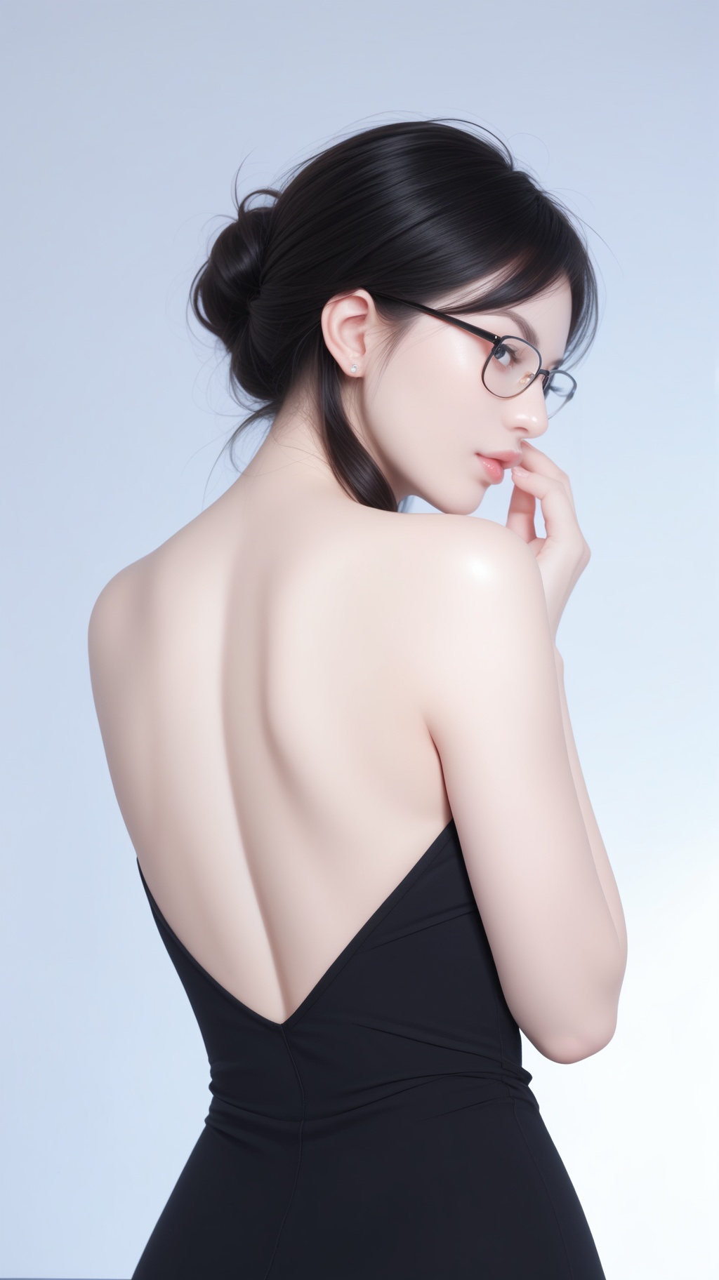 1girl,solo,Back Angle,black hair,lips,jewelry,white_marble_glowing_skin,(gently hold your glasses:1.4),black dress falling off her shoulder,portrait,(look at the viewer:1.1),looking back,realistic,, score_9, score_8_up, score_7_up,