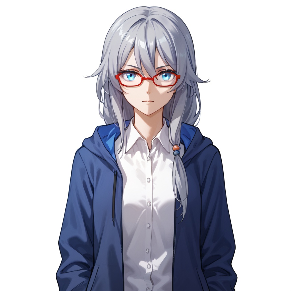 (white background:1.2),looking at viewer,(SOLO:1.4),outline,simple background,upper body, cowboy shot,looking at viewer,(((arms at side))),  fu hua, fu hua mangaver, long hair, bangs, hair between eyes, blue eyes, hair ornament, low-tied long hair, grey hair, blue hair, shirt, jacket, white shirt, long sleeves, blue jacket, glasses<lora:hood-pony:0.8>