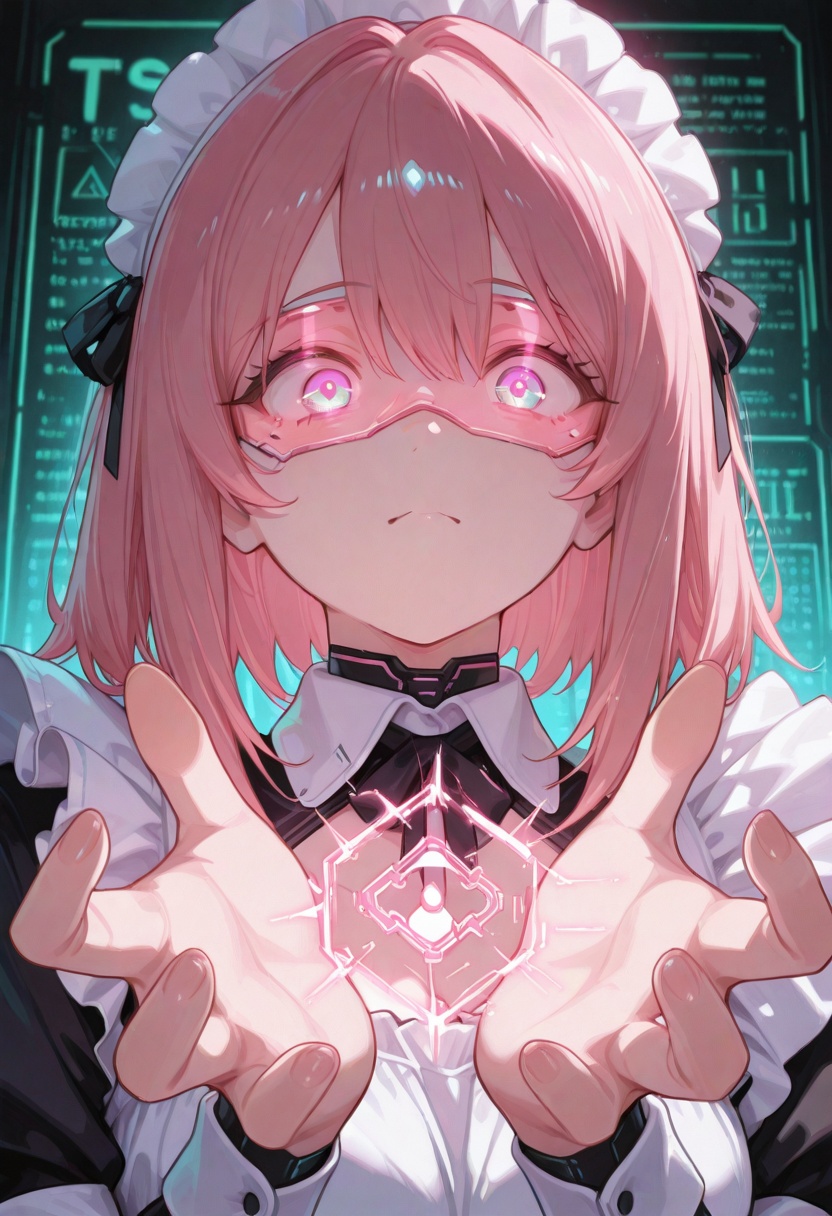 cyberpunk anime poster,  CivChan's pink hair emitting electric sparks,  maid headdress integrated with glowing HUD visor o...