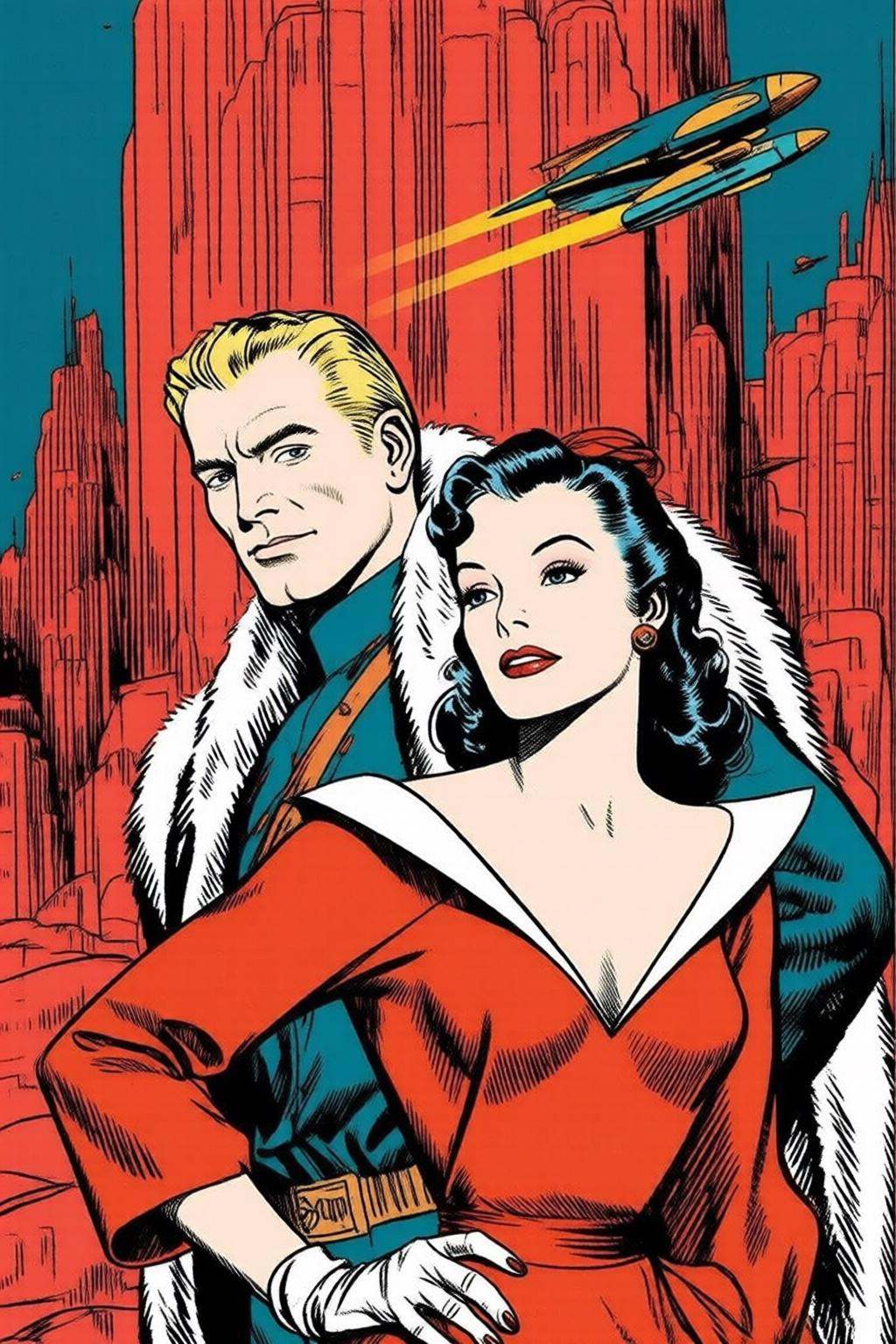 alexraymond2q illustration.A man and a woman in the foreground,  both dressed in stylish,  vintage-inspired clothing. The...