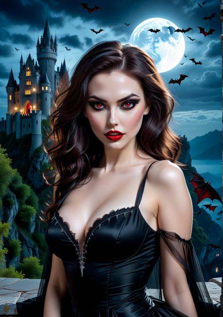 Sultry brunette vampire with red lips,  sheer black dress hugging seductive curves,  pale skin glowing in moonlight on Ten...