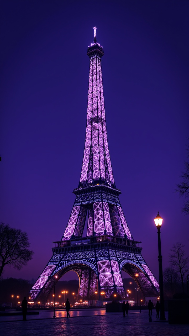 Luminescent Text:"MJ x FLUX",  The iconic Eiffel Tower of Saint-Égles stands tall against the backdrop of a clear deep pur...