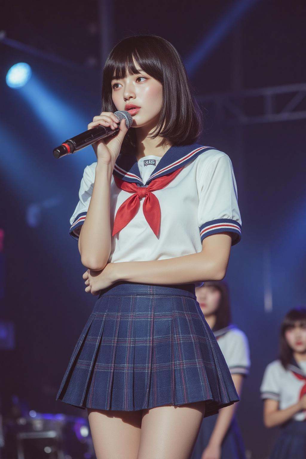midjourney photograph. A young Japnese woman withou shoulder length hair and bangs,  with a slim physique,  wearing a scho...