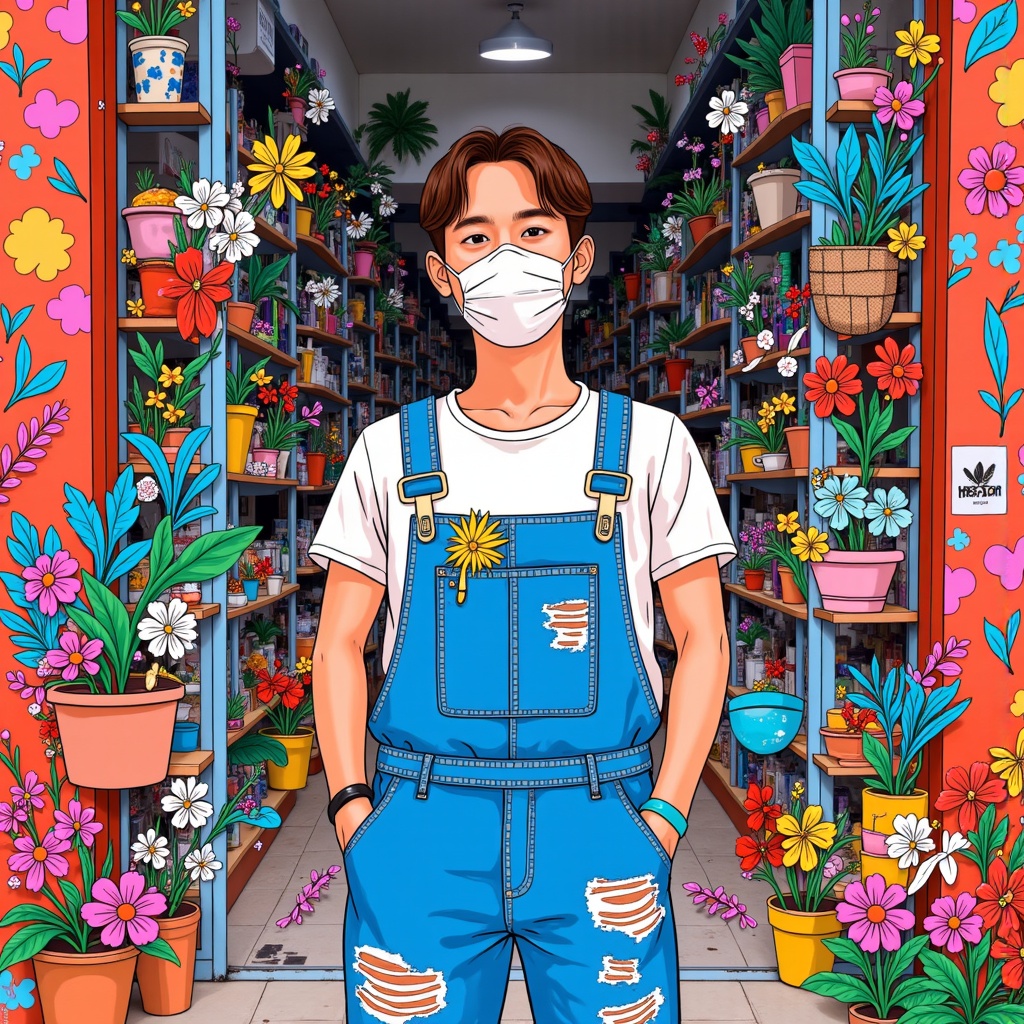 Realitycompositing,there is a man standing in front of a store with a face mask on,james jean and petra cortright,David ****,vivid colorful comics style,artist wearing overalls,vibrant cartoon art,vivid colorful comic style,style of ian hubert,colorful comics style,korean artist,artwork in style of sheng lam,colorful doodle art,victo ngai and tristan eaton,kenny wong x pop mart,juxtapoz aesthetic,illustrated in whimsical style,flower shop scene,trending on artstartion,hsiao-ron,roy lichtenstein and jackie tsai,trending on artstatioin,great use of line work and color,multi-layered artworks,Victor Wang,wonderful compositions,trending on artstration,artist wearing torn overalls,hyung-tae kim,hyung - tae kim,hi - fructose art magazine,art style of noel coypel,trending on artstattion,coloring book style,