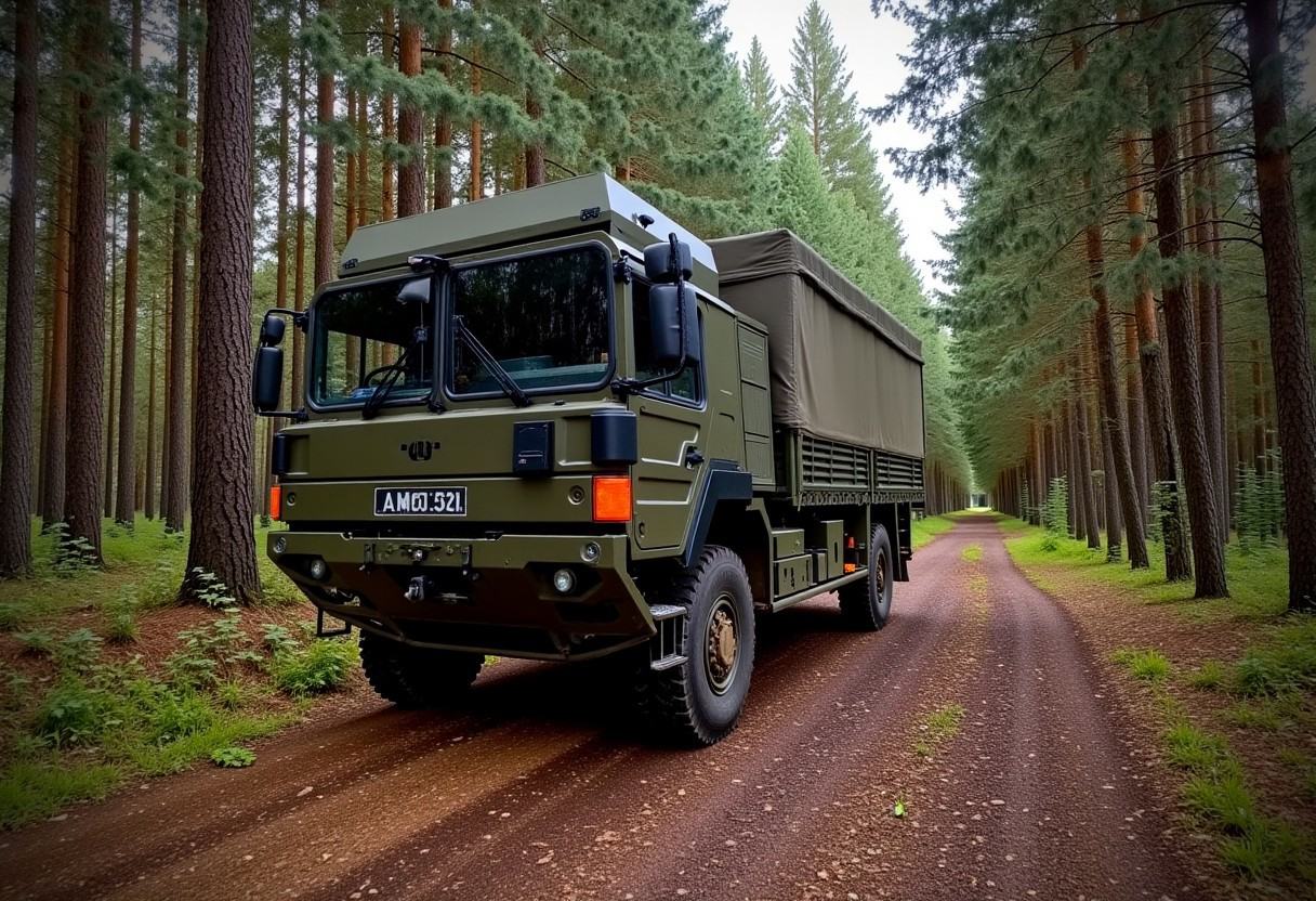 Army green 'ManSV' 6t truck in a coniferous forest,  Man_SV_6t on Tensor.Art
