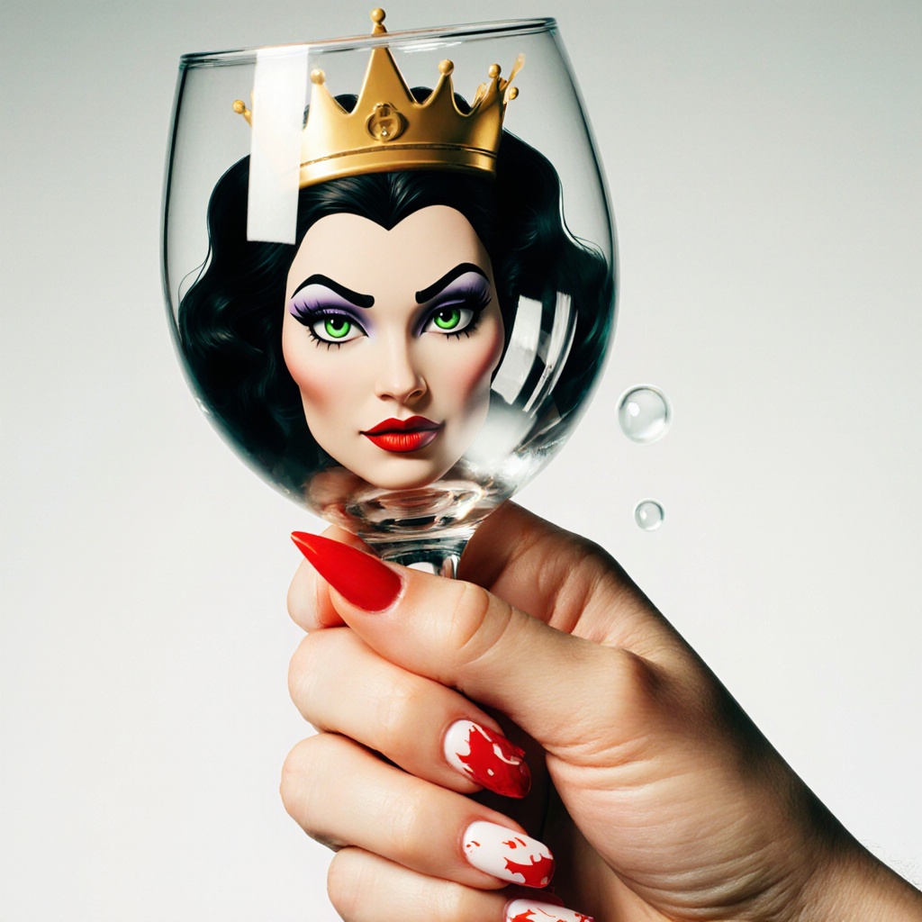 Surrealist art cartoon,  cinematic image of a cartoon female hand holding a wine glass with a reflection of an evil queen...