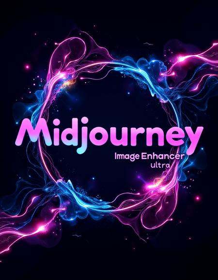 Text letters and words that says "Midjourney image enhancer ultra" in bold futuristic font at the center,  surrounded by v...