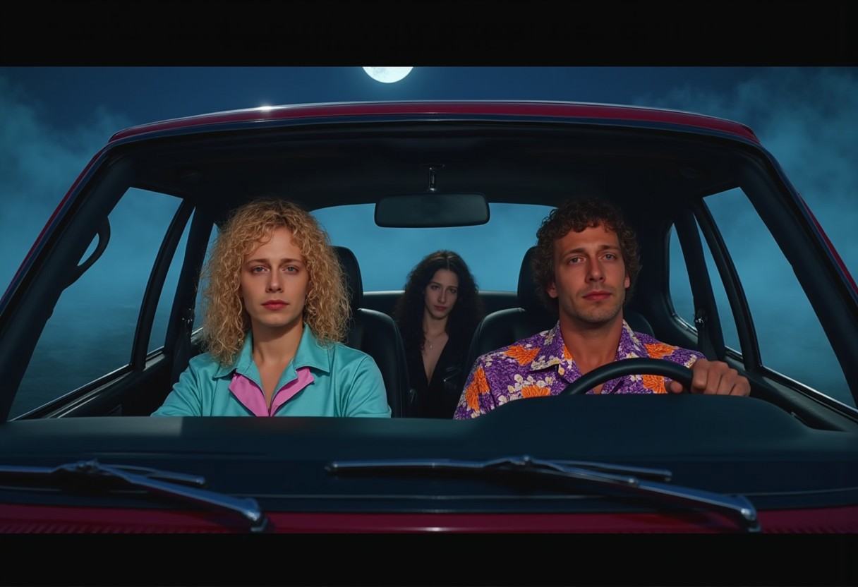 Night time. Full moon. Fantasy lighting. Misty night with fog. The driver is a blonde hair waitress with curly long 1980s...